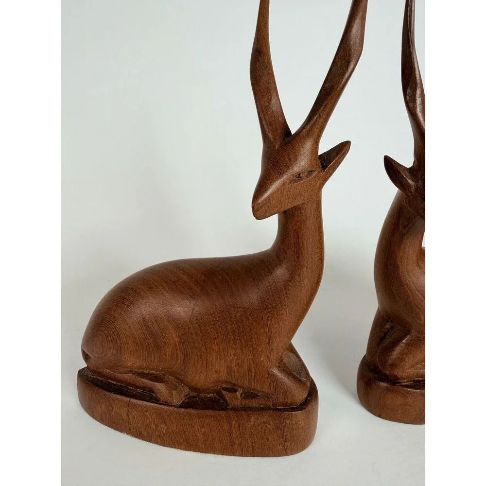 Mid Century Hand Carved Teak Wood Antelope Gazelles Figurines Pair MCM Vintage ￼